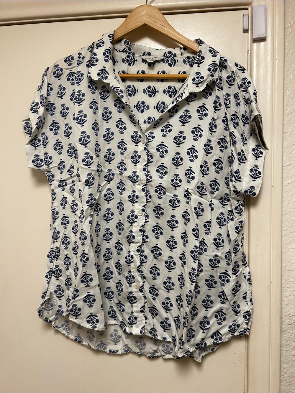 Lucky Brand White Short Sleeve Button-Down with Navy Floral Print